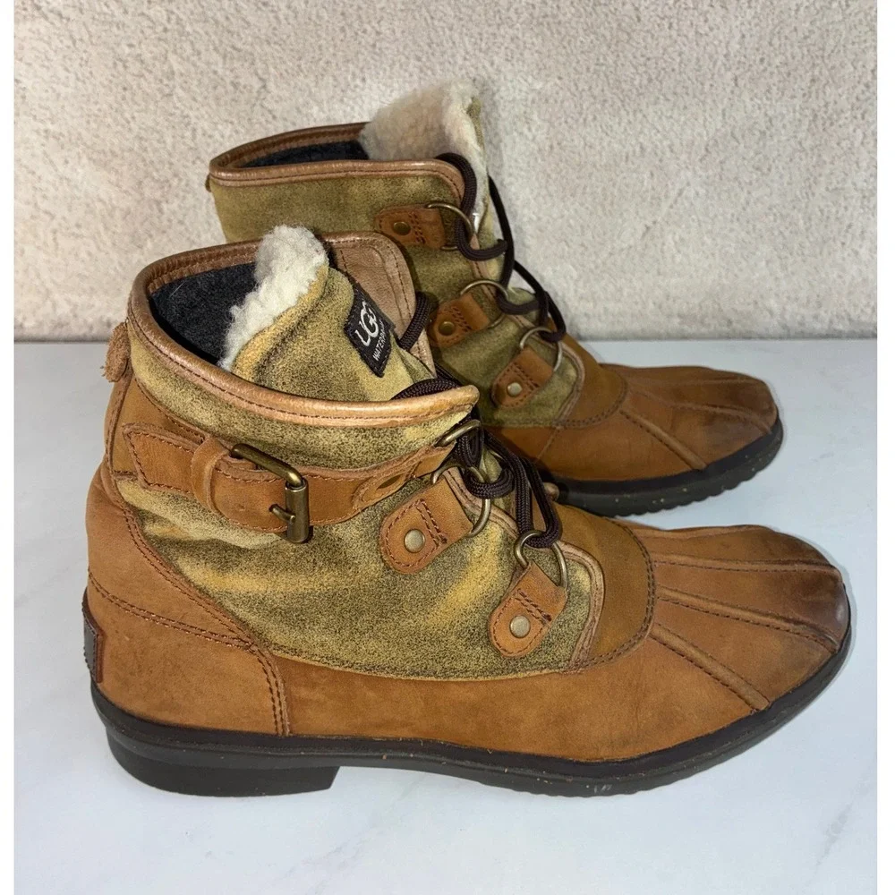UGG Tan Leather Suede Duck Boots - 10 - Waterproof Shearling 1007999 Winter